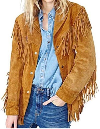 NOORA Tan SUEDE Leather FRINGE Jacket for Women | Fringe Jacket COWGIRL Style| Celebrity Tassel Suede Biker Fringe Jacket - Noora International