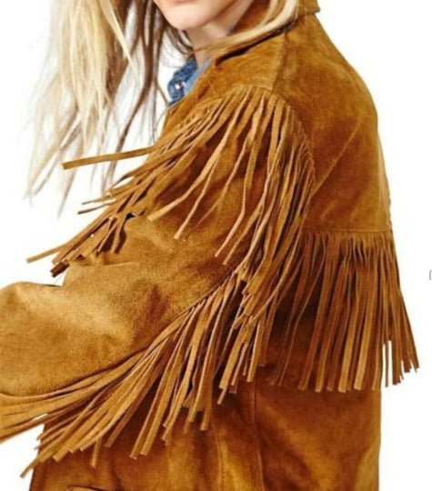 NOORA Tan SUEDE Leather FRINGE Jacket for Women | Fringe Jacket COWGIRL Style| Celebrity Tassel Suede Biker Fringe Jacket - Noora International