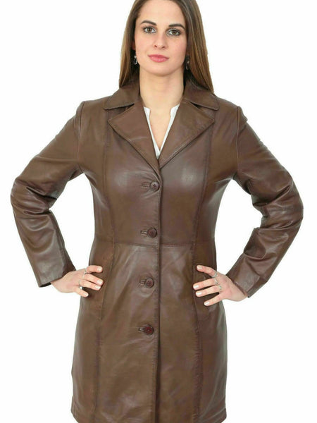 NOORA TRENCH women BROWN Mid-Length Designer Real Napa Leather Jacket Coat WA230 — standardized hero