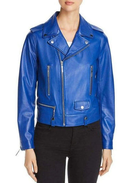 NOORA Vintage 80's Women Leather Motorcycle Jacket Moto Leather Electric Blue Cropped Racer Handmade ST0224 — standardized hero
