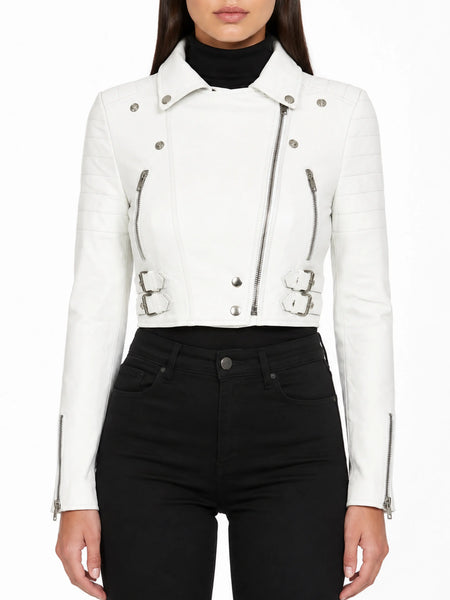 NOORA White Leather Womens Biker Jacket Short Cropped Fitted Sexy Bolero - WA499 — standardized hero