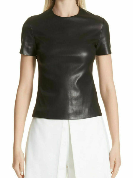 NOORA Women 100%Real Lambskin Stretch able Leather Cropped T-Shirt Slimfit WA561 — standardized hero