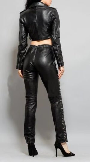 Noora Women Black Cropped Real Leather Jacket, Motor Bolero Shrug Crop Leather Jacket With Long Sleeves Beautiful Look - Noora International