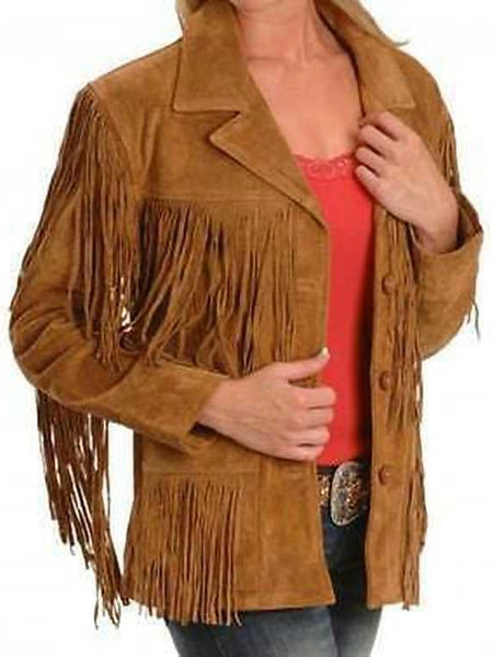 NOORA Women Brown Suede Western Style Lambskin Leather Jacket With Fringe WA157 — standardized hero