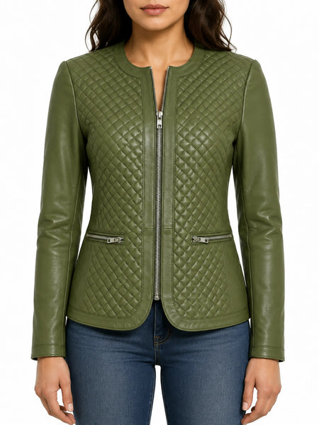 Noora Women Collarless Soft Olive Green Leather Jacket Fitted Quilted slim fit 9 — standardized hero