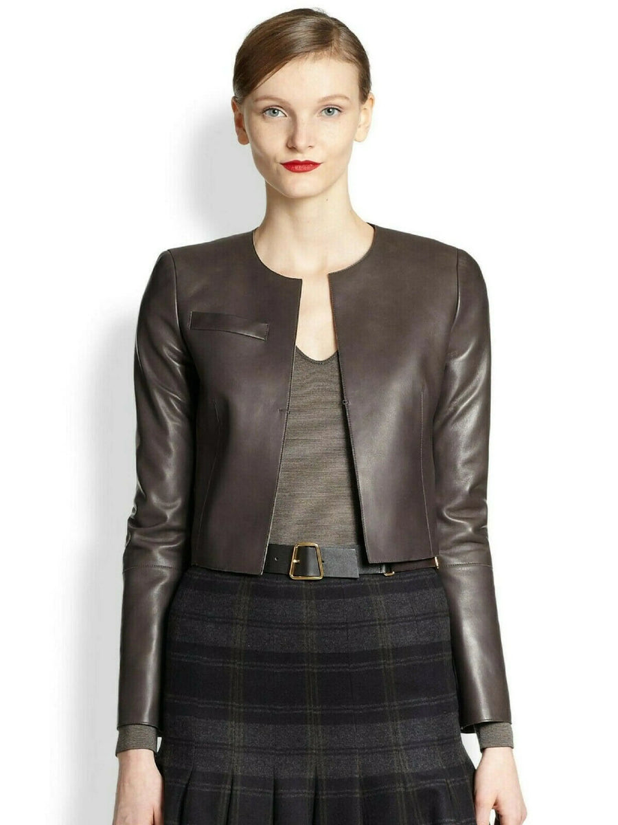 Womens Cropped Motor Bolero Shrug Biker Jacket Dark Brown Jacket
