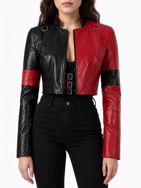 NOORA Womens Genuine Lambskin Leather Red & Black Cropped Jacket Quinn Style- RT3268 — standardized studio hero