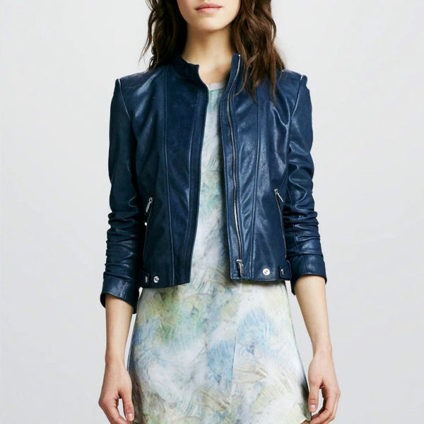 Noora Women & Girls Lambskin Genuine Leather CROPPED Moto Biker BLUE Jacket Slim Fit, Western Style Clubbing Jacket YK07 - Noora International