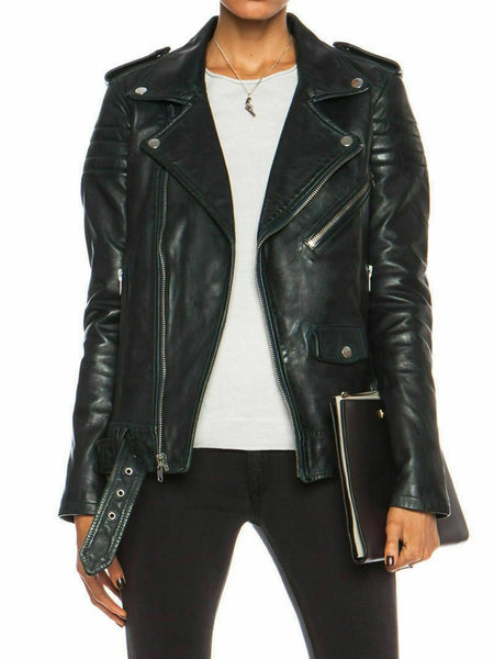 Noora Women Leather Jacket Black Slim Fit Biker Motorcycle lambskin Leather QD86 — standardized hero