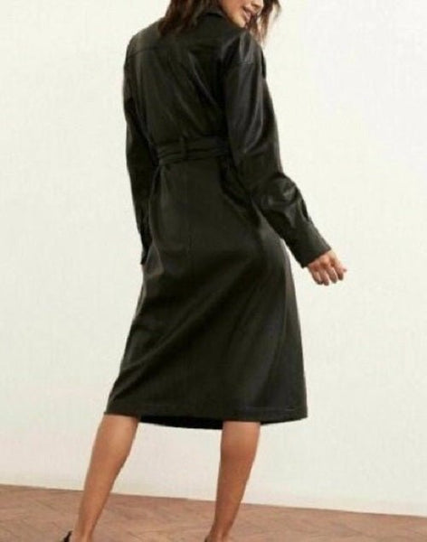 Noora Women Leather TRENCH Coat | Lambskin BLACK Short Overcoat | 1970's Leather Belted Western Style Celebrity Winter Coat | Gift For Girls | RTS01 - Noora International