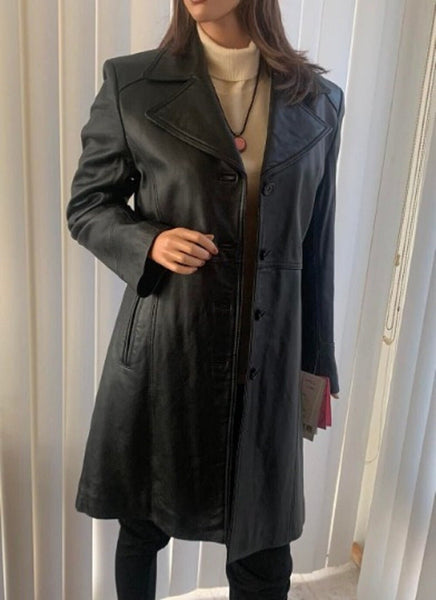 Noora Women Leather TRENCH Coat | Lambskin BLACK Short Overcoat | 1970's Leather Belted Western Style Celebrity Winter Coat | Gift For Girls | RTS01 - Noora International