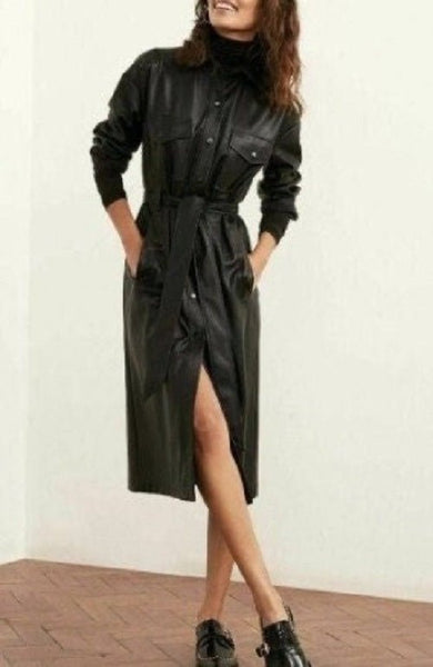 Noora Women Leather TRENCH Coat | Lambskin BLACK Short Overcoat | 1970's Leather Belted Western Style Celebrity Winter Coat | Gift For Girls | RTS01 - Noora International