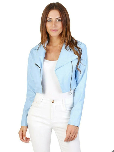 Noora Women Light blue Leather Style Motorcycle Short Bolero Cropped JACKET SP98 — standardized hero