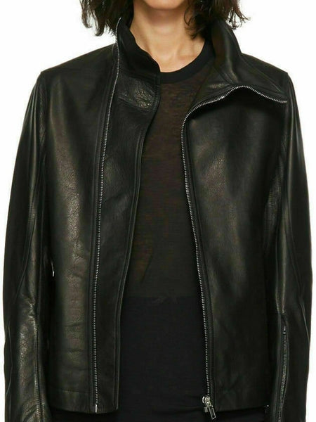 NOORA Women Long Style Leather Natural Lambskin Leather with coller jacket SP47 — standardized hero
