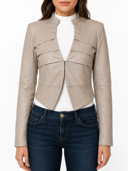 NOORA Women New Beige Leather Jacket Short Cropped Slim Fit Jackets Ladies WA152 — standardized hero