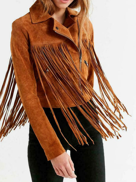 NOORA Womens New Suede Moto Fringe Jacket Brown Leather Jacket With Zipper Sleeve — standardized studio hero