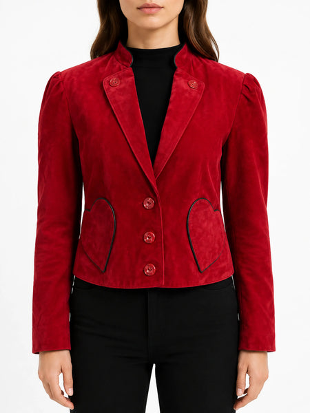 NOORA Women Red suede Jacket With Heart Pockets And Chinese Collar & Puff Sleeve — standardized hero