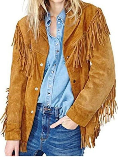 NOORA Tan SUEDE Leather FRINGE Jacket for Women | Fringe Jacket COWGIRL Style| Celebrity Tassel Suede Biker Fringe Jacket — standardized hero