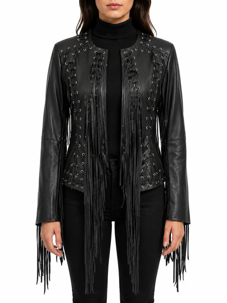 NOORA New Women's 100% Lambskin Leather Jacket Black Fringe Biker Jacket YK40 — standardized leather jacket hero