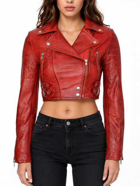 NOORA Women's Antique Red Biker Leather Cropped Jacket| Western Party Wear Jacket| Modern Style Crop Jacket — standardized studio hero