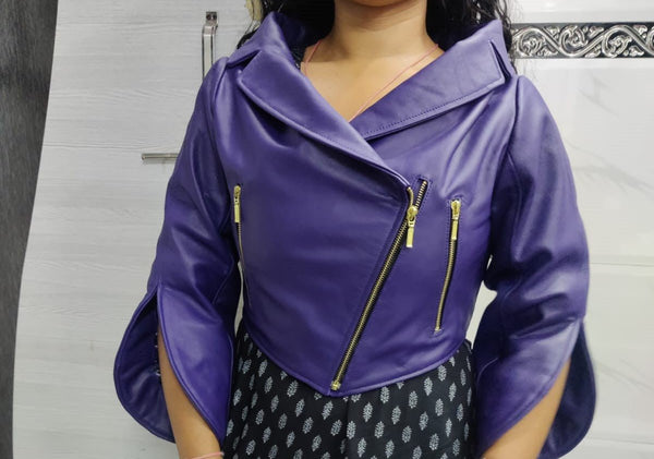 NOORA Women's Biker Purple Leather Cropped Jacket|Western Party Wear Jacket| Modern Style Crop Jacket - Noora International