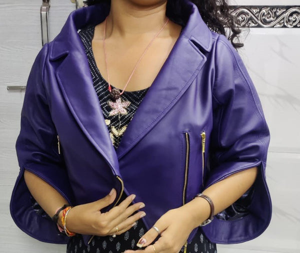 NOORA Women's Biker Purple Leather Cropped Jacket|Western Party Wear Jacket| Modern Style Crop Jacket - Noora International