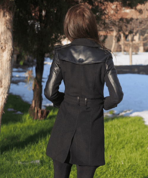 NOORA Womens Black Leather Belted Mini Trench Coat With Button & Pocket , Combination Of Leather & Suede | ST0100 - Noora International