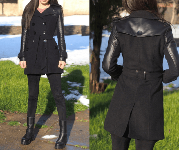 NOORA Womens Black Leather Belted Mini Trench Coat With Button & Pocket , Combination Of Leather & Suede | ST0100 - Noora International