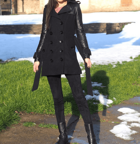 NOORA Womens Black Leather Belted Mini Trench Coat With Button & Pocket , Combination Of Leather & Suede | ST0100 - Noora International