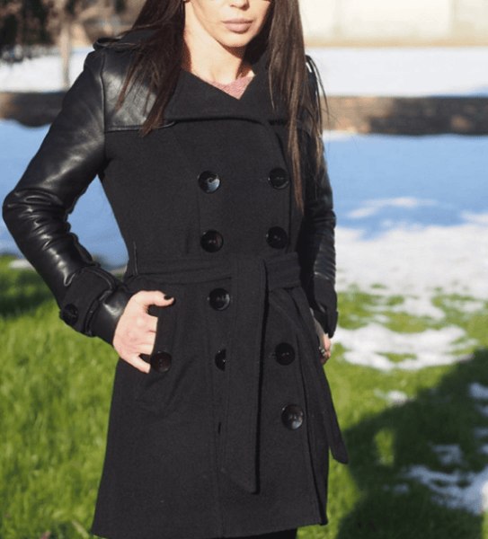 NOORA Womens Black Leather Belted Mini Trench Coat With Button & Pocket , Combination Of Leather & Suede | ST0100 - Noora International