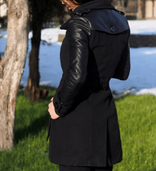 NOORA Womens Black Leather Belted Mini Trench Coat With Button & Pocket , Combination Of Leather & Suede | ST0100 - Noora International