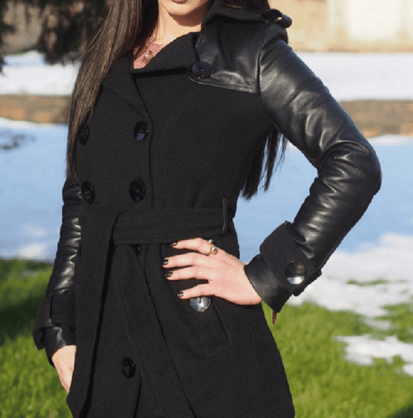 NOORA Womens Black Leather Belted Mini Trench Coat With Button & Pocket , Combination Of Leather & Suede | ST0100 - Noora International