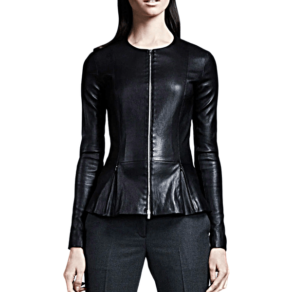 Noora Women's Black leather Peplum Jacket ST0319 - Noora International