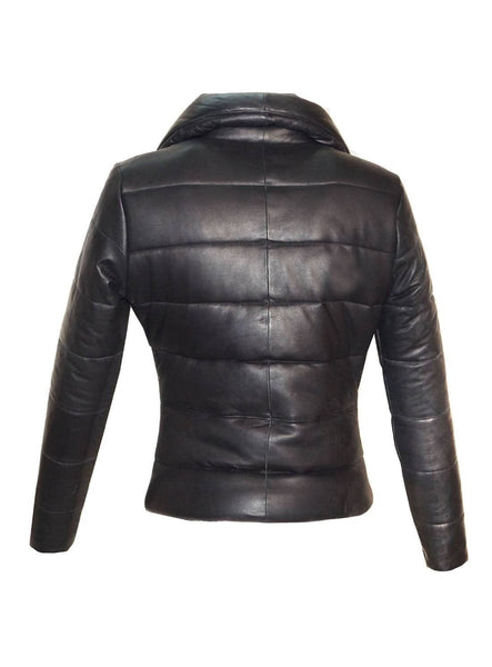 NOORA Womens Black Leather Puffer Quilted Jacket With Side Zipper & Pocket | Zip Up Leather jacket | JS34 - Noora International
