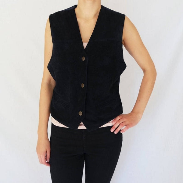 Noora Women's Black Suede Vest coat, Sleeveless Coat THREE BUTTON waistcoat motorcycle vest coat Sb258 - Noora International