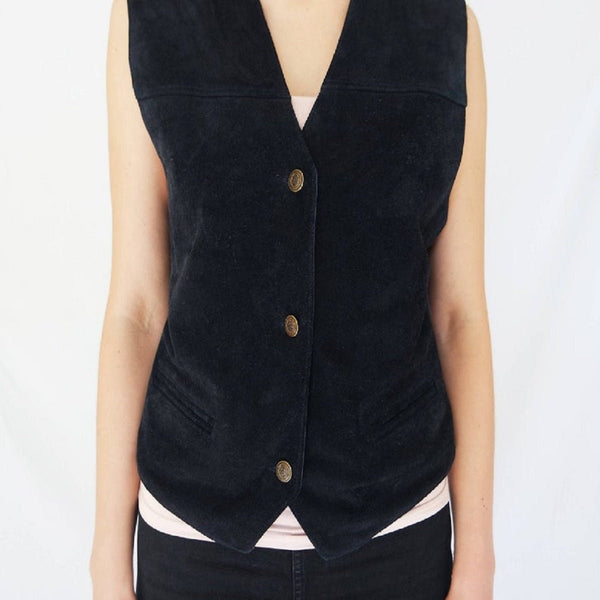 Noora Women's Black Suede Vest coat, Sleeveless Coat THREE BUTTON waistcoat motorcycle vest coat Sb258 - Noora International