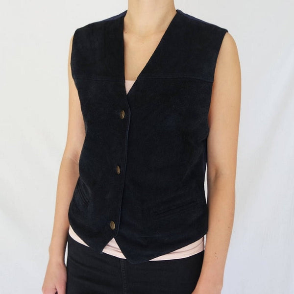 Noora Women's Black Suede Vest coat, Sleeveless Coat THREE BUTTON waistcoat motorcycle vest coat Sb258 - Noora International