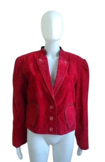 Noora Women's Blood Red Suede Soft Lambskin Leather Jacket, Heart Shape Black Suede Piping Jacket, Festive Jacket - Noora International