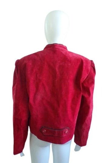 Noora Women's Blood Red Suede Soft Lambskin Leather Jacket, Heart Shape Black Suede Piping Jacket, Festive Jacket - Noora International