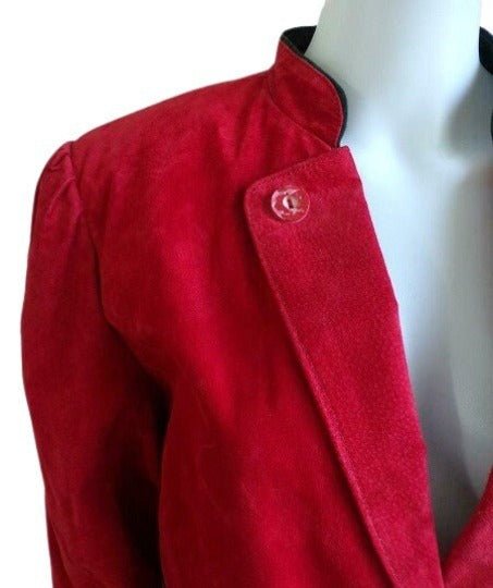Noora Women's Blood Red Suede Soft Lambskin Leather Jacket, Heart Shape Black Suede Piping Jacket, Festive Jacket - Noora International