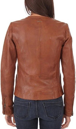Noora Women's Brown Leather Jacket, Western Casual Wear Jacket, Custom Made, Casual Slim Fit Jacket, RTS22 - Noora International
