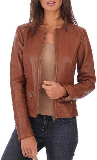 Noora Women's Brown Leather Jacket, Western Casual Wear Jacket, Custom Made, Casual Slim Fit Jacket, RTS22 - Noora International
