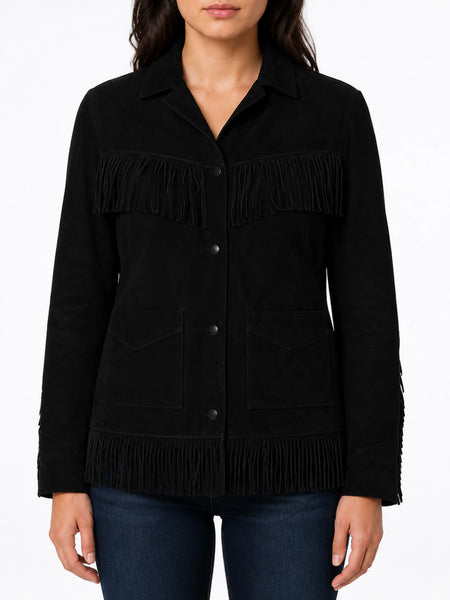 NOORA Womens Suede Leather Jacket Fringe Black Fasion Jacket All Size SJ435 — standardized studio hero
