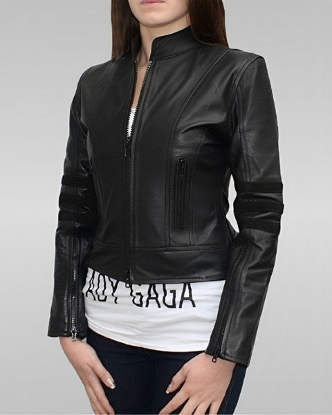Noora Women's collared black Motorcycle leather jacket with zip pockets ST0240 - Noora International