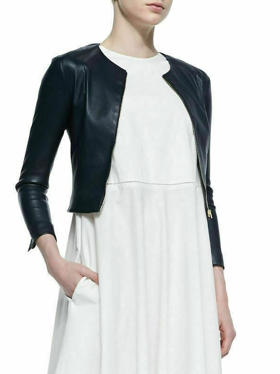 Women's Cropped Long Sleeve Lambskin Leather Jacket Casual