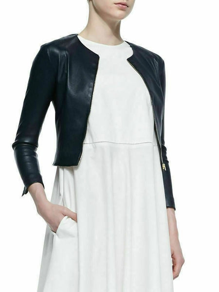 NOORA Women's Cropped Long Sleeve Lambskin  Leather Jacket Casual  C5 — standardized studio hero