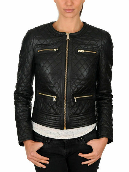 NOORA WOMEN'S DIAMOND QUILTED LADIES SLIM FIT BLACK BIKER LEATHER JACKET NI-1 — standardized studio hero