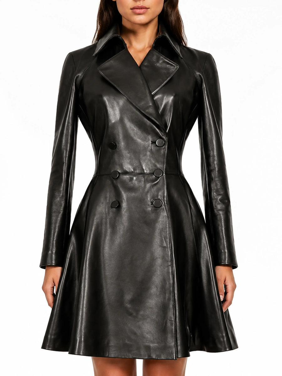 Women's Real Leather Soft Lambskin Trench Coat Long Jacket