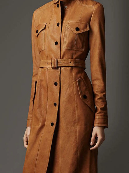 NOORA Womens Genuine Leather Pure Soft Lambskin Trench Coat Long Overcoat Jacket — standardized studio hero