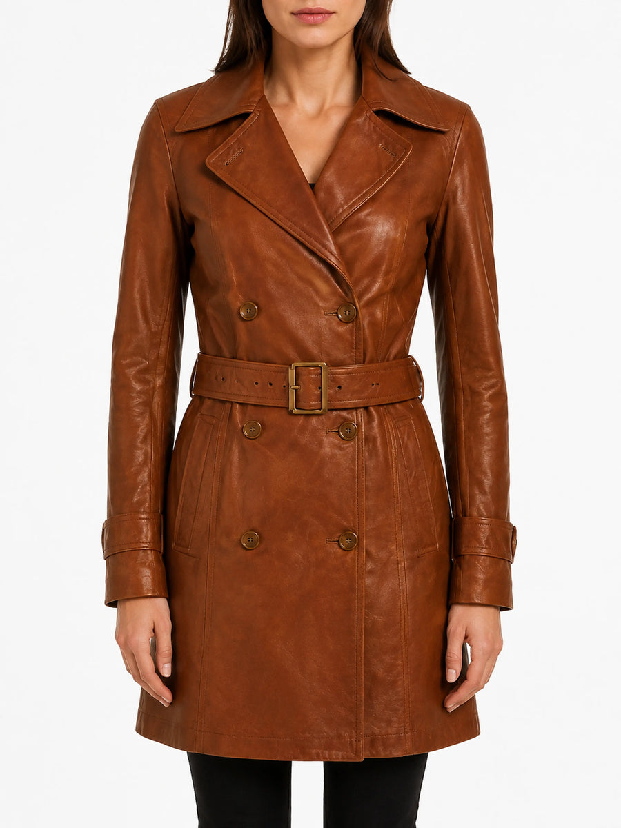 Womens Real Leather Soft Lambskin Trench Coat Long Overcoat Jacket